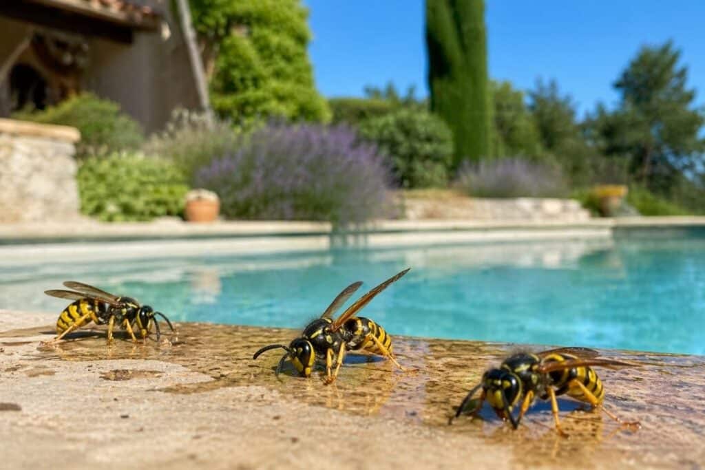 Guêpes au bord d’une piscine en Provence attirées par l’eau en période estivale