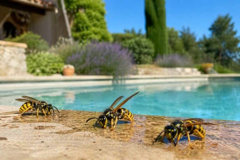 Guêpes au bord d’une piscine en Provence attirées par l’eau en période estivale