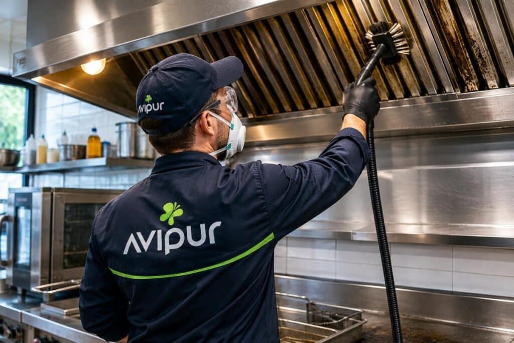 Technicien AVIPUR Provence réalisant le nettoyage d’une hotte de cuisine professionnelle dans un restaurant