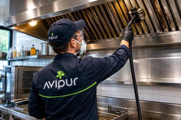Technicien AVIPUR Provence réalisant le nettoyage d’une hotte de cuisine professionnelle dans un restaurant