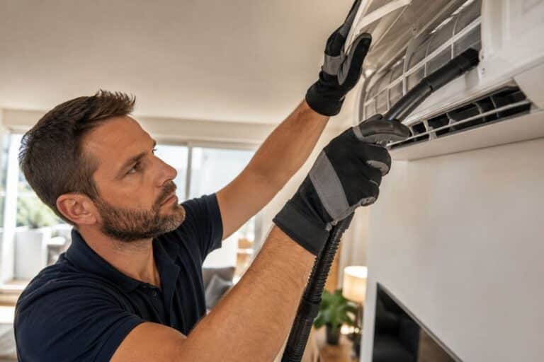 Technicien nettoyant une unité de climatisation intérieure encrassée avant la saison estivale en Provence
