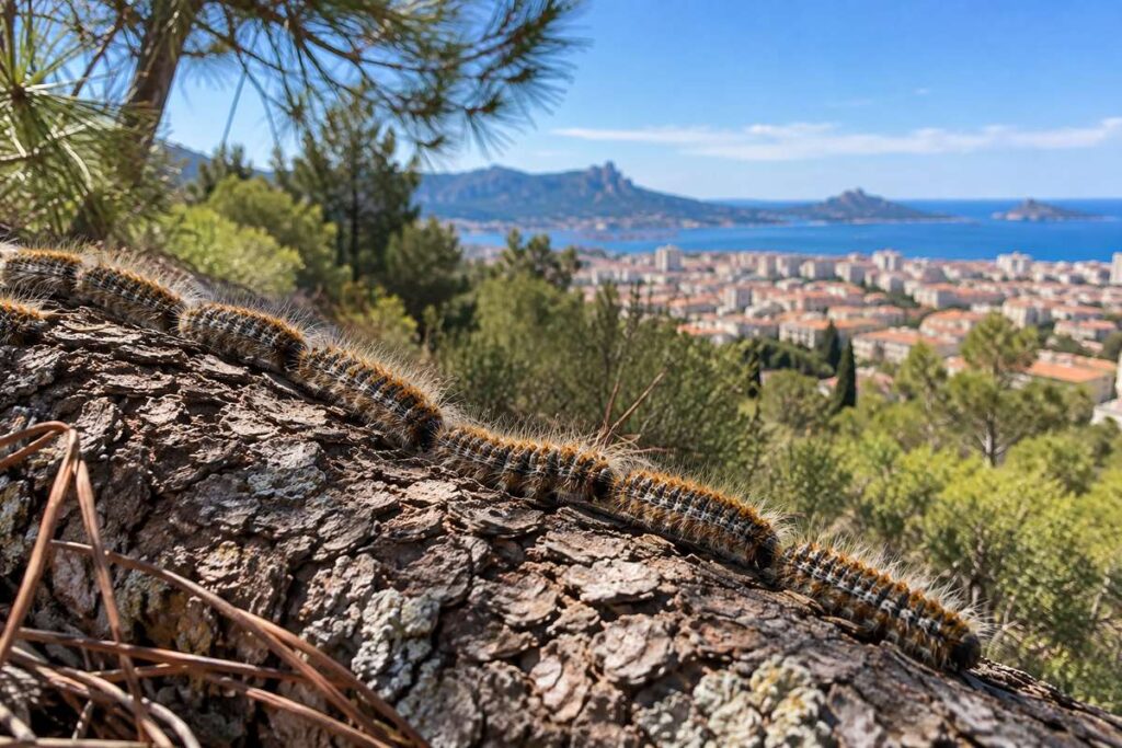 Chenilles processionnaires du pin sur un tronc d’arbre en Provence